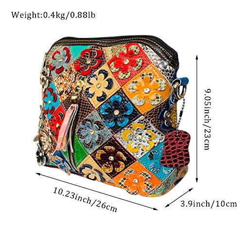 Image of Women 3D Floral Multicolor Small Crossbody Bag Genuine Leather Handbag Snake Pattern Colorful Spliced Shoulder Purse