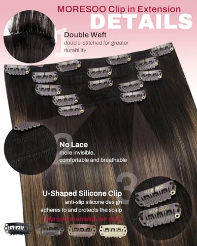 Image of Moresoo Clip in Hair Extensions Real Human Hair Double Weft Human Hair Clip in Extensions Straight Ombre Balayage Dark Brown with Chestnut Brown 5pcs 80g 22inch