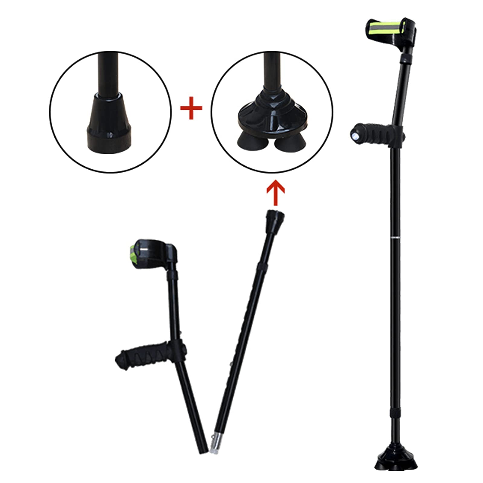YRYRYW Stampella per avambraccio per Adulti, stampella Pieghevole con Polsino Aperto con luci a LED, stampella in Alluminio Leggera Regolabile Nera per Adulti e con Altezza 150-196 cm Decorare