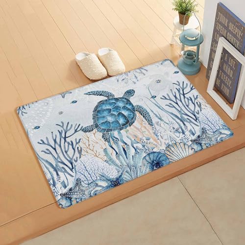 Coastal Nautical Turtle Antifatigue Kitchen Bath Door Mat Cushioned Runner Rug,Washable Welcome Floor Sink Mat,Waterproof Kitchen Standing Doormat,Blue Ocean Fish Seashell Coral Starfish 24