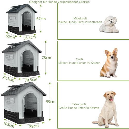 HENGMEI Hundehütte aus Kunststoff XL Haustierhaus Wasserabweisend 79.5×70.5×78cm Isoliert Hundezwinger Plastik mit erhöhtem Boden Schiebedach Katzenhaus Hundekäfig