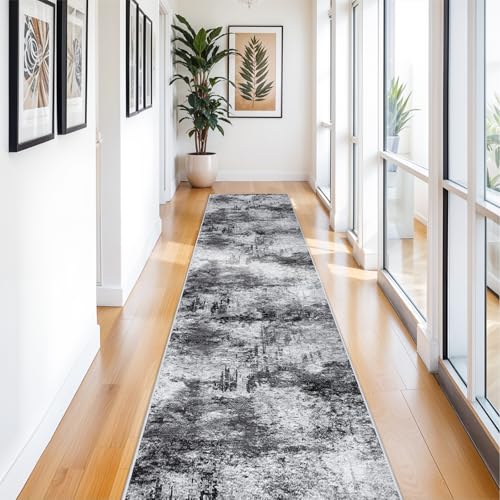 RUUGME Hallway Runner Rug 3x14 - Runner Rug Stain Resistant for Living Room Non Slip Indoor Entryway Rubber Backing Carpet Bedroom Kitchen Distressed Floor Decor Mat Machine Washable 3x14 BlackA