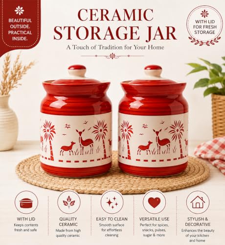 Image of D'Maiolica Ceramic Handmade Pickle Jars in 1000ml (set of 2) | Floral Bale 1 kg Achaar Martban | Ceramic Jadi for Kitchen Storage (Set of 2) | Jars for Achar, Spices, Salt (Artisan Red Savannah)