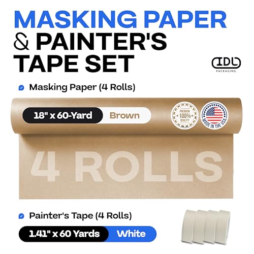 Image of IDL Packaging Masking Paper Set: 18 inch x 60 Yards Brown Masking Paper (4 Rolls) + 1.41 inch x 60 Yards White Tape (4 Rolls) - Masking Kit for Painting Projects and Home Improvements - Surface Protection