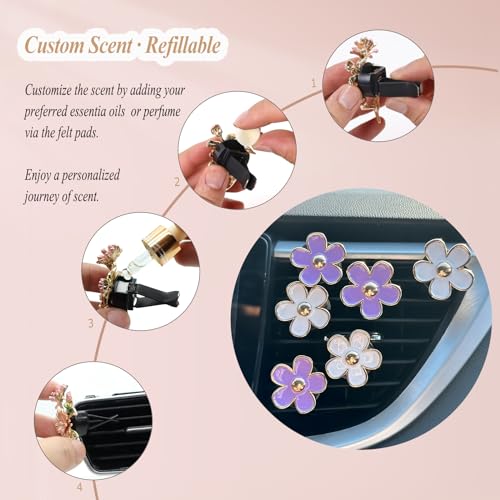Image of ORIESSE 6pcs Flowers Car Air Freshener Vent Clips Purple White Daisy Air Vent Clip Car Accessories for Women 3.3cm /3cm Flower Vehicle Interior Decor Refillable Diffuser
