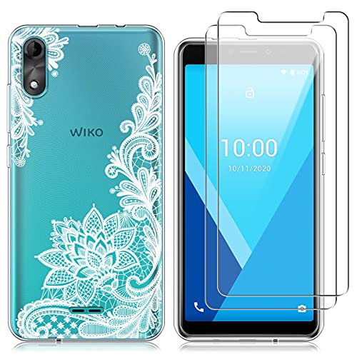 Reshias Coque pour Wiko Y51, Blanc Fleur Souple TPU Silicone Protection Arrière Étui pour Wiko Y51 (5,45 Pouces) avec Deux Verre Trempé écran Protecteur