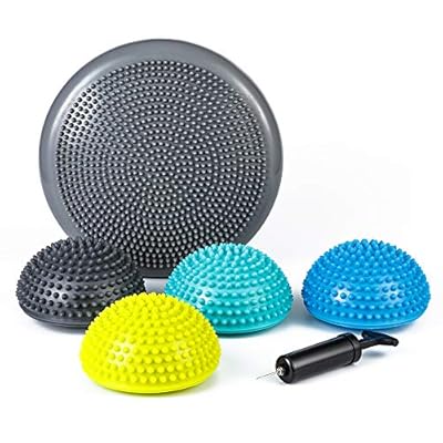 StrongTek Hedgehog Balance Pods with Hand Pump, Stability Balance Trainer Dots Plus Large Balance Pad, Core Body Balancing, Inflatable Stepping Pads, Sensory Wiggle Seats for Kids (Set of 5)