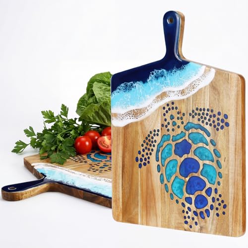 Tabla de cortar tortuga marina de madera de acacia y resina azul miniatura 1