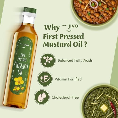 Image of Jivo First Pressed Mustard Oil 1 Litre | Vitamin A and D Fortified | MUFA-Rich with Balanced Omega 3 and 6 |Cholesterol and Trans Fat Free Oil| Ideal for Frying, Pickling, Sauteing, Baking, and More