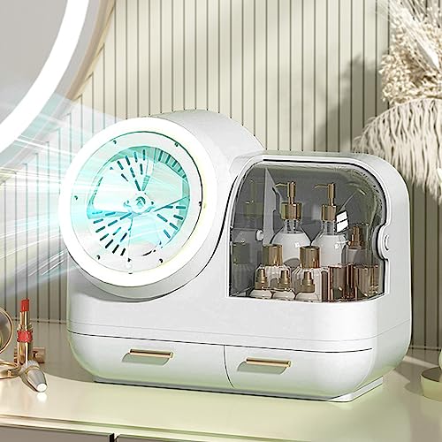 Miniatura 3 de HURRISE Estuche de maquillaje con ventilador de espejo, organizador de maquillaje portátil con espejo y luz LED, vitrina de almacenamiento de