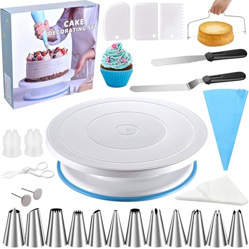 Cake Decorating Supplies Kit with Turntable, Baking Tools Include Piping Tips, Icing Spatula, Scraper, Fondant Tools for Cake, Cupcake Decorating, 82Pcs