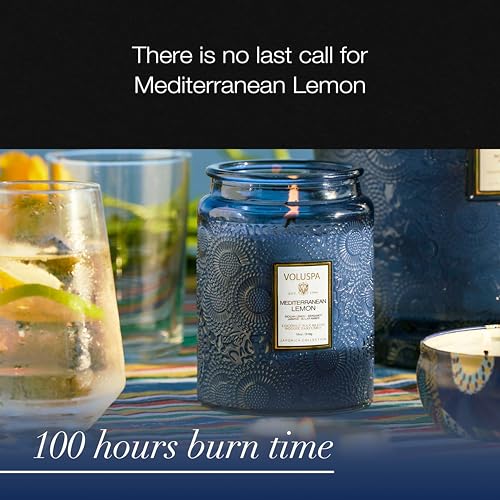 Image of Voluspa Mediterranean Lemon Large Scented Candle Jar 18 Oz, 100 Hr Burn | Coconut Wax Blend in Decorative Glass, Clean Even Burn, USA Handcrafted Gift for Hosts, Fragrance Lovers & Relaxed Rooms