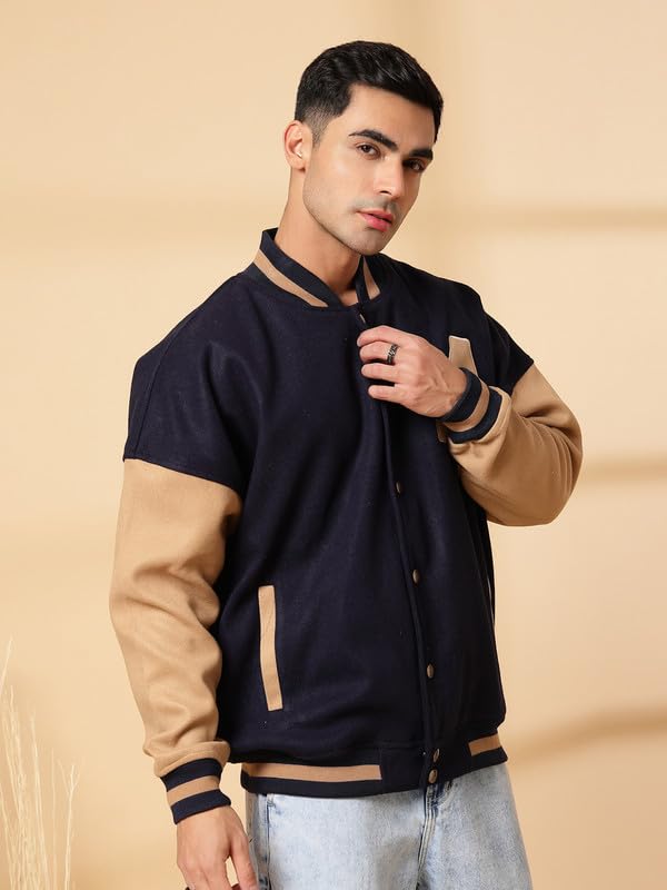 Image of CHKOKKO Men's Oversized Varsity Jacket with Snap Button Closure and Patch Design Trendy Comfortable Outerwear for College Travel and Casual Wear