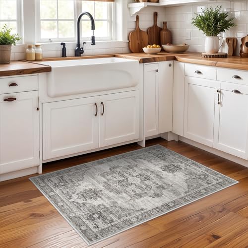RUUGME Washable 2x3 Area Rugs - Large Boho Rugs for Living Room Stain Resistant Carpet Vintage Tribal Rugs for Bedroom Kitchen Bathroom with Non Slip Backing Home Decor Floor Decoration Mat 2x3 Grey