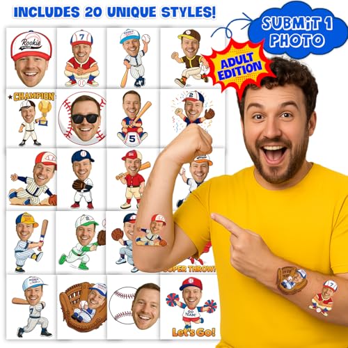 Image of Custom Baseball Temporary Tattoos for Kids | Personalized Pre-Cut Face Photo, Birthday Party Favors, Set of 20, Baseball Fans