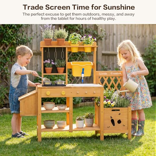 Image of Wooden Mud Kitchen for Kids with Running Water Sink, Outdoor Play Kitchen