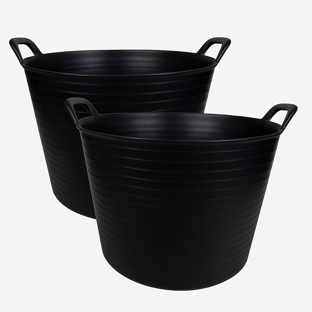 Muddy Hands Black Pack Of 2-42 Litre Large Flexi Tub Versatile Multi Purpose Flexible Rubber Storage Container Bucket