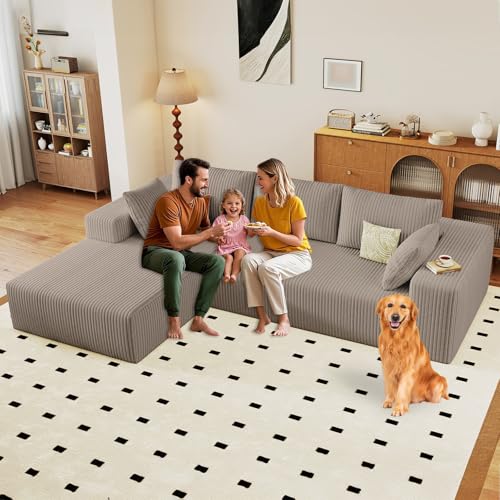 Image of 96 inch Modular Sectional Sofa, Modern Corduroy Cloud Couch with Deep Seat, Boneless Couch Upholstered 3-Seater L-Shaped Sofa for Living Room, No Assembly Required (Camel, Left-Facing Chaise)