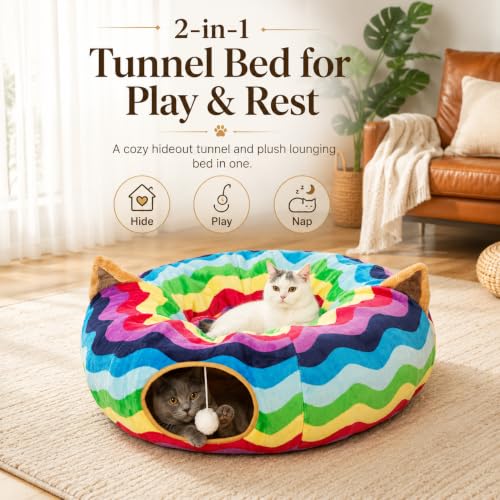 Image of Large Cat Tunnel Bed Under Christmas Tree with Fluffy Toy Balls, Small Cushion and Flexible Design- 10 inch Diameter, 3 ft Length- Great for Cats, and Small Dogs, Rainbow Wave Color