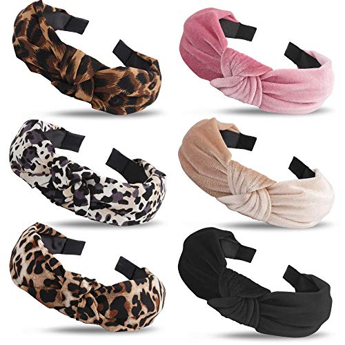 High Premium Velvet Satin Headbands for Women Girls, 6Pcs Knotted Cheetah Headbands, Wide Hair Hoop Hairbands Accessories for Fashion Headwear，Makeup，Face Washing (Leopard+Solid Color)