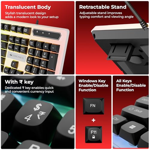 Image of Zebronics Wired Keyboard & Mouse Combo, 104-Key, 1200 DPI, ₹ Key & Multimedia Controls, Ergonomic Mouse, 1.3m Cable, Multicolor LED (War 2, White + Black)