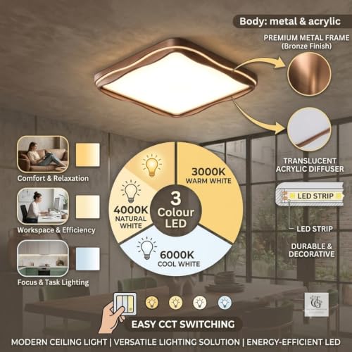 Image of 3C LED Ceiling Light, Modern Designer Ceiling Lamp with Curved Square Frame Design for Bedroom, Living Room, Hall & Home Decor|Walnut-Wood
