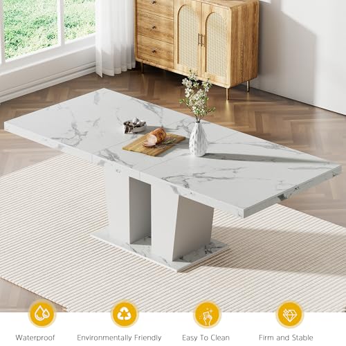Image of 9 Piece Extendable Dining Table Set for 8, Expandable Kitchen Table Chairs Set for 8, 78.74 inch White Faux Marble Table with Black Velvet Chairs, Modern Dining Room Table Set for Family Gathering
