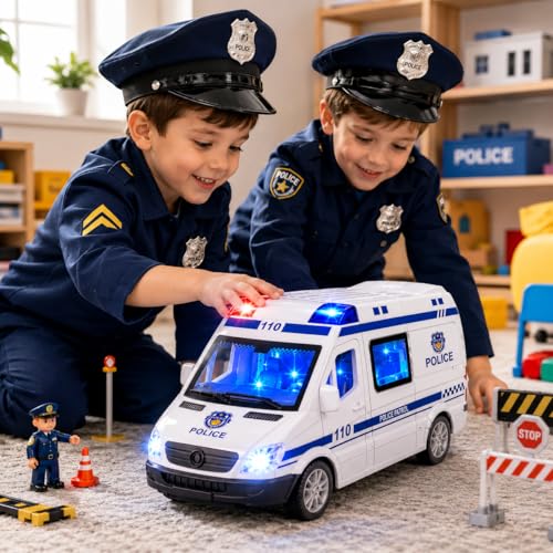 Image of PLUSPOINT Police Bus Friction Powered with Lights Sounds Push and Go Rescue Durable Friction Toy for Kids SWAT Bus Pretend Play Cop Toy for Boy Girl Toddlers