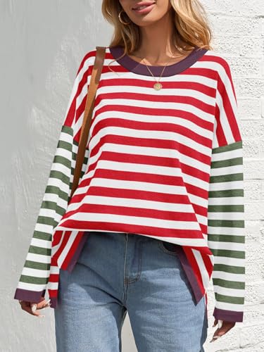 Image of Saodimallsu Womens Striped Oversized Sweaters Color Block Crew Neck Long Sleeve Loose Knit Pullover Sweater