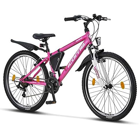 Licorne Guide Mountain Bike - 26 Inch - 21-Speed Gears, Fork Suspension - Children's Bicycle for Boys and Girls - Frame Bag, pink/white Cover