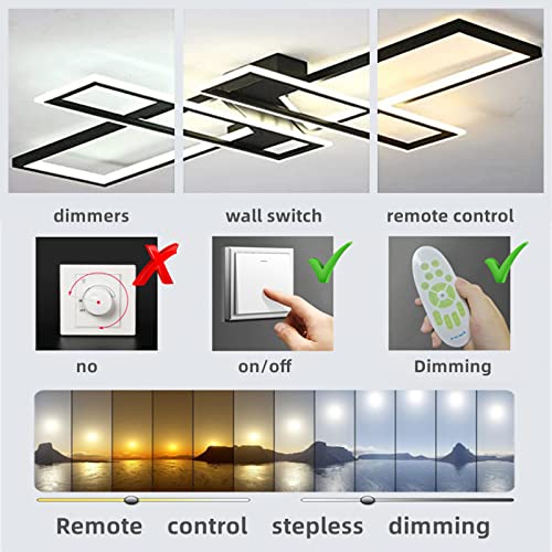 Fbfc Modern Led Ceiling Lights Fixture, Black Dimmable Chandelier, Rectangular, With Remote Control Diningroom Lamp, Flush Mount Geometric Led Ceiling Lamps For Bedroom Living Room (35.4In) #TOP2