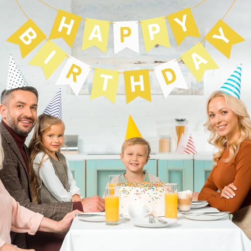 Image of Hooqict Happy Birthday Banner Yellow Birthday Decorations for Kids Girls Women Birthday Tea Party Decorations Yellow Party Banner Garland Sign Bunting Flag Wall Porch Door Hanging Decor