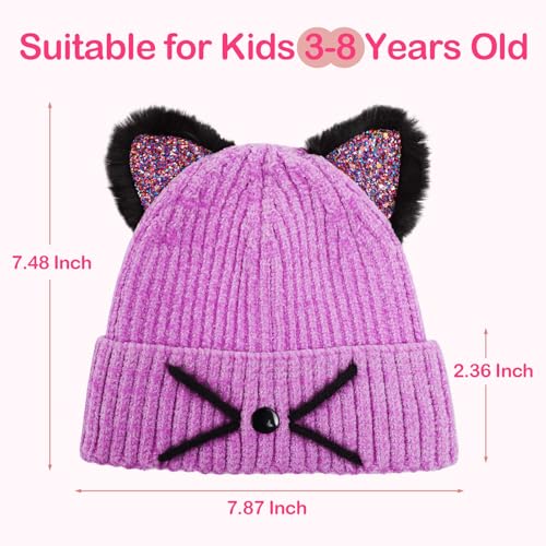Little Girls Sequin Cat Ears Hats Cute Warm Knit Beanie Hat for Kids Winter Outdoor Snow Ski Skull Cap 3-8 Years2