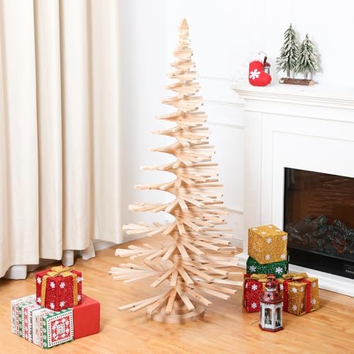 5 ft Wood Christmas Tree Display Wooden Rustic Christmas Village Tree Indoor Decoration Large Christmas Tree with Shelves Xmas DIY Craft Wood Tree for Home Office Decor Ornament Display