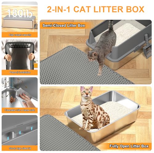 Image of Stainless Steel Cat Litter Box with Lid XL Metal Extra Large Litter Box with High Sides, Big Cat Litter Pan Include Scoop & Mat Easy to Clean, Non Stick, No Smell, Anti-Urine Leakage (Dark Gray)