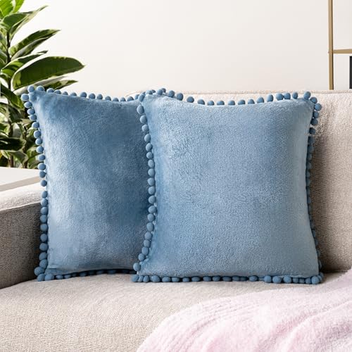 PAVILIA Dusty Blue Throw Pillow Covers with Pom Pom 18x18 Set of ...