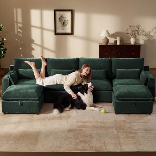 Image of WorthFurni Modern Modular Sectional Sofa,134 inch U Shape Sectional Cloud Couch with Storage Ottoman,Comfty 6 Seat Sofa for Living Room,Green Chenille