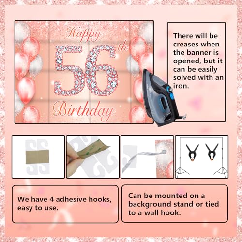 Image of Happy 56th Birthday Rose Gold Banner Cheers to 56 Years Old Backdrop Confetti Balloons Theme Decor for Women 56 Years Old Pink Birthday Party Decorations Bday Supplies Background Favors Gift Glitter