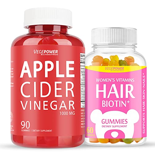 VegePower 10000mcg Biotin Gummies + ACV Gummies | 10000mcg Biotin Hair, Nails, Skin Growth Gummies for Women Girls & Natural Unfiltered ACV for Immune System-Detox Cleanse, Weight Loss for Belly Fat