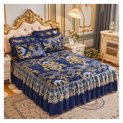WDNIODUM Lenzuolo a Pieghe in Velluto Lenzuola in Velluto Coppia Coprimaterasso Trapuntato Copriletto con Gonna in Pizzo Peluche Linea Letto Singola Matrimoniale No Federa(FGHK,2xPillowcase 48x74cm)