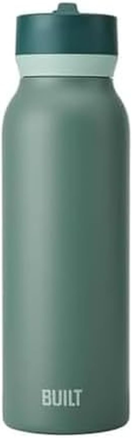 BUILT 40oz Cascade Double Wall Vacuum Insulated Stainless Steel Water Bottle with Wide Mouth Straw Lid, Sage
