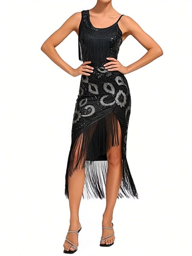 KBOPLEMQ Costume Charleston Pour Femme - Robe De Soirée Gatsby - Robe De Soirée - Costume Rétro - Style Cocktail - Robe à Paillettes - Robe Longue Des Années 1920 - Robe De Cocktail à Rabat