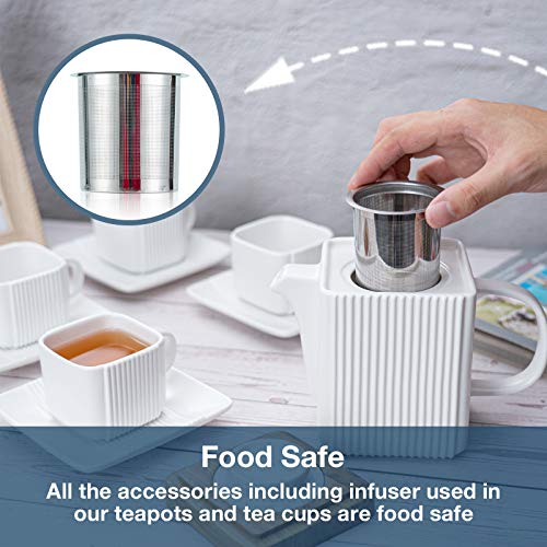 Taimei Teatime Porcelain Tea Set, Tea Cup(4 OZ) with Saucer in Set of 4 & 1 Teapot(23 OZ) with infuser basket for Steeping Loose Leaf Tea, Elegant White Ceramic Tea Sets