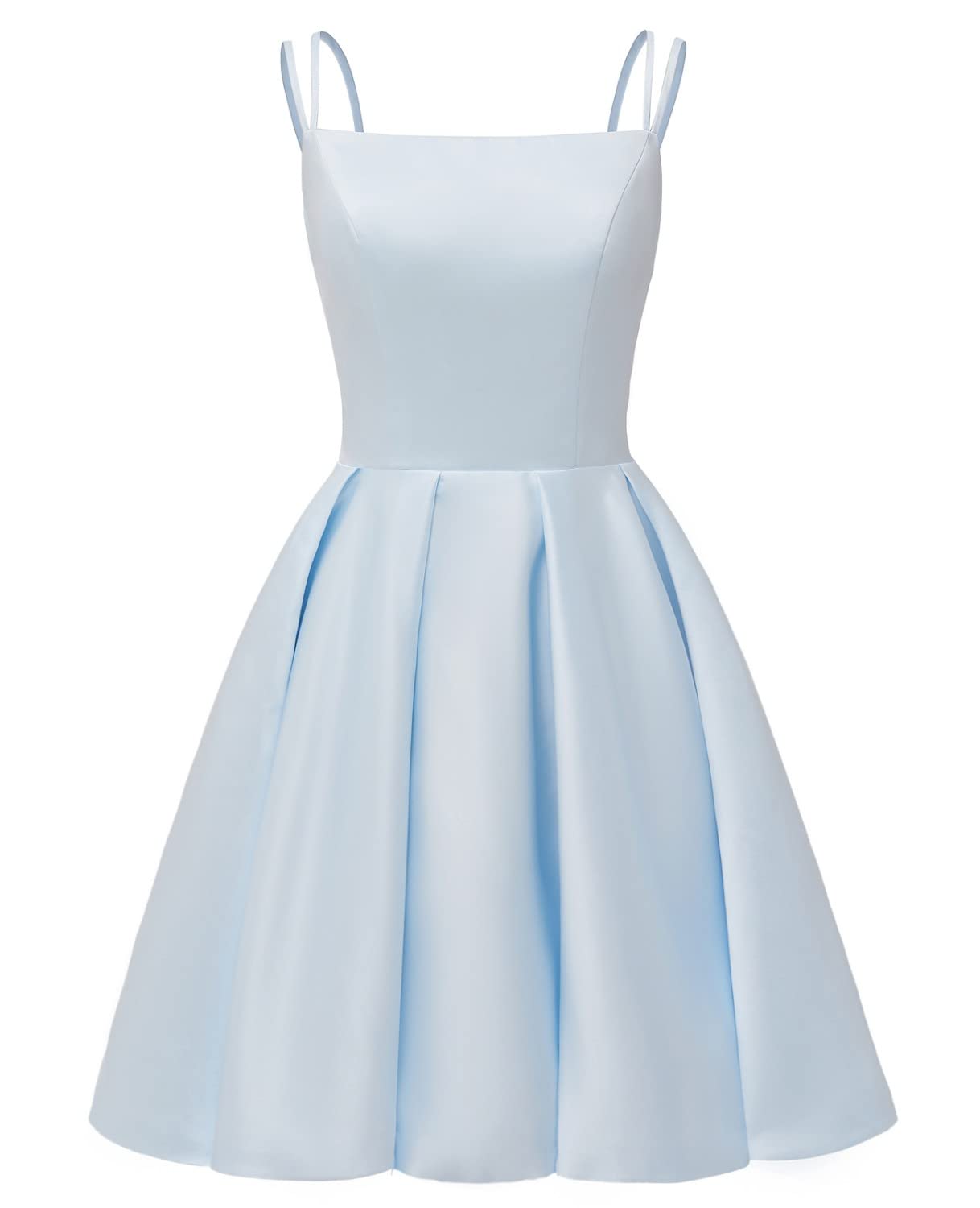 Satin Homecoming Dresses for Teens 2026 Spaghetti Straps A-line Square Neck Short Prom Dresses with Pockets