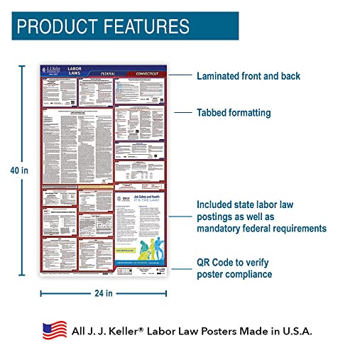 J. J. Keller & Associates, Inc. 2023 Connecticut And Federal Labor Law Poster (English, Ct State) - Osha Compliant All-In-One Laminated Poster #TOP3