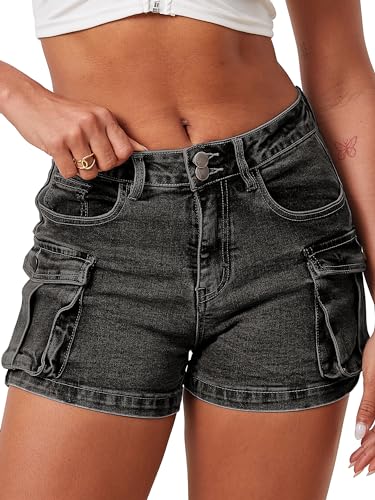 ELLEVEN Cargo Shorts Women Y2K Mini Jean Shorts Denim Jorts with Pockets High Stretch Elastic Waist Cotton Casual Hiking Short Skinny Streetwear Trendy Z-Denim Black Medium