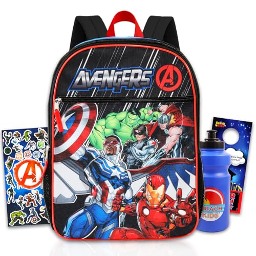 Marvel Conjunto de mochila do Capitão América para meninos – Pacote com mochila dos Vingadores de 40,6 cm, garrafa de água, adesivos e mais mochila escolar do Capitão América para crianças, Multicor