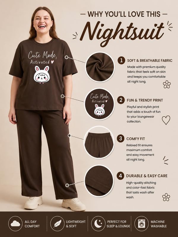 Image of My Swag Womens Nightsuit Set | Cute Bunny Graphic Print T-Shirt & Pajama | Soft Breathable Sleepwear and Loungewear Co-Ord Set for Women