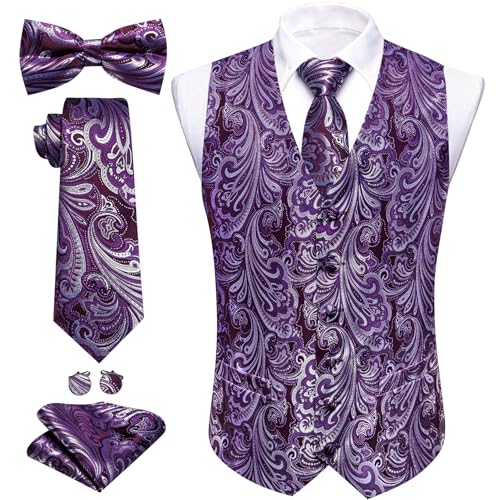 Image of Barry.Wang Men's Suit Vest Tie Bowtie Set Formal Silk Paisley Waistcoat Hanky Cufflinks Lapel Pin Set Wedding Party 7PCS