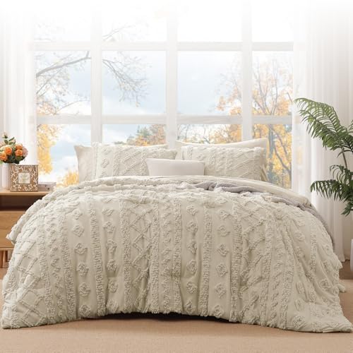 Image of King Size Comforter Set- 7 Pieces Tufted Bed in a Bag King Bedding Sets | All Season Shabby Chic Boho Bedding with Comforter, Sheets, Pillowcases & Shams, Beige